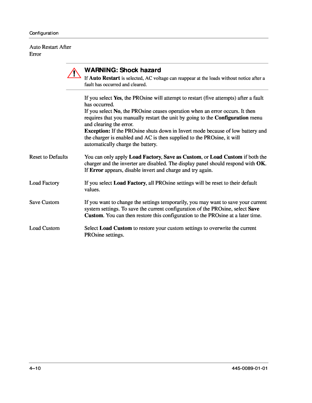 Xantrex Technology PROsine 2.0 user manual WARNING Shock hazard, Auto Restart After Error 