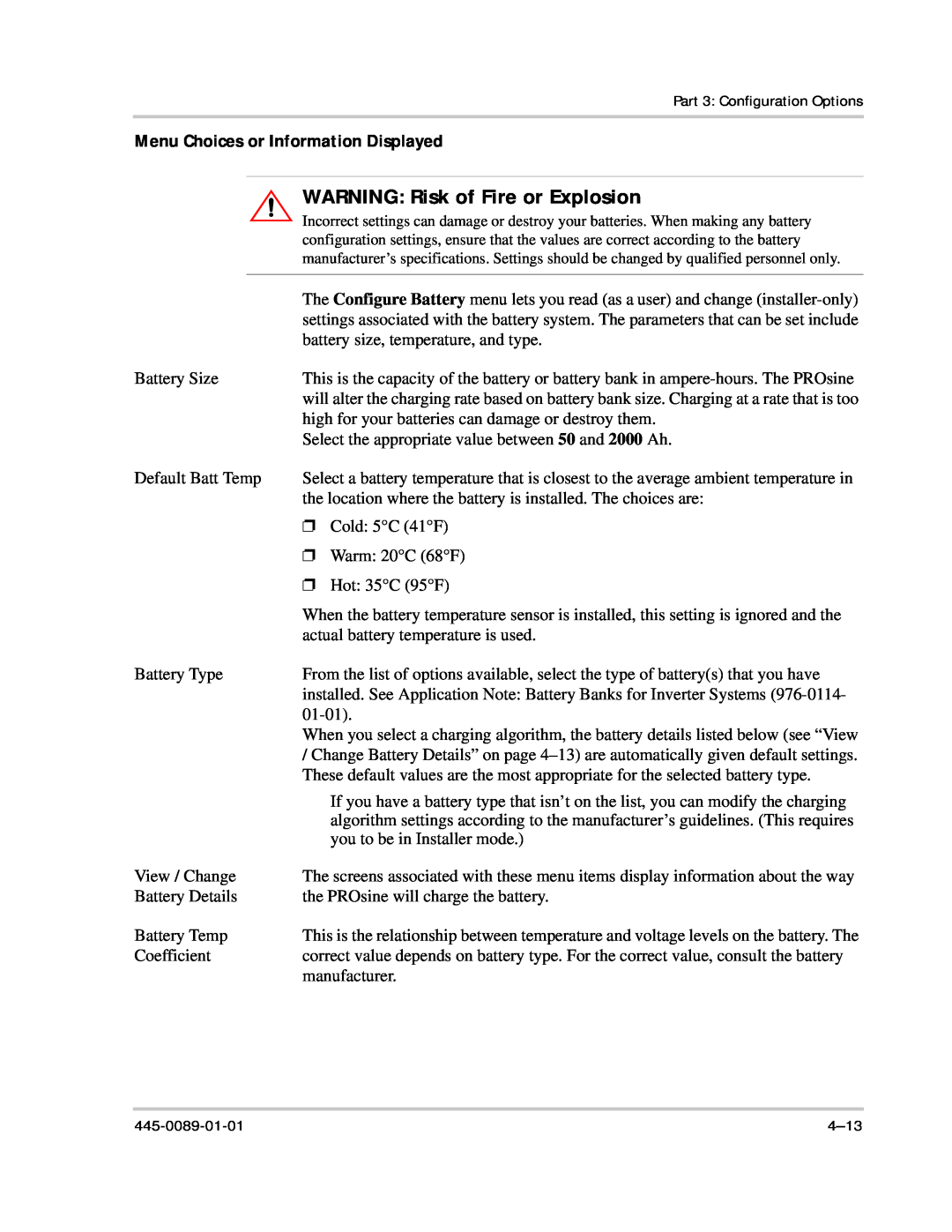 Xantrex Technology PROsine 2.0 user manual WARNING Risk of Fire or Explosion, Menu Choices or Information Displayed 
