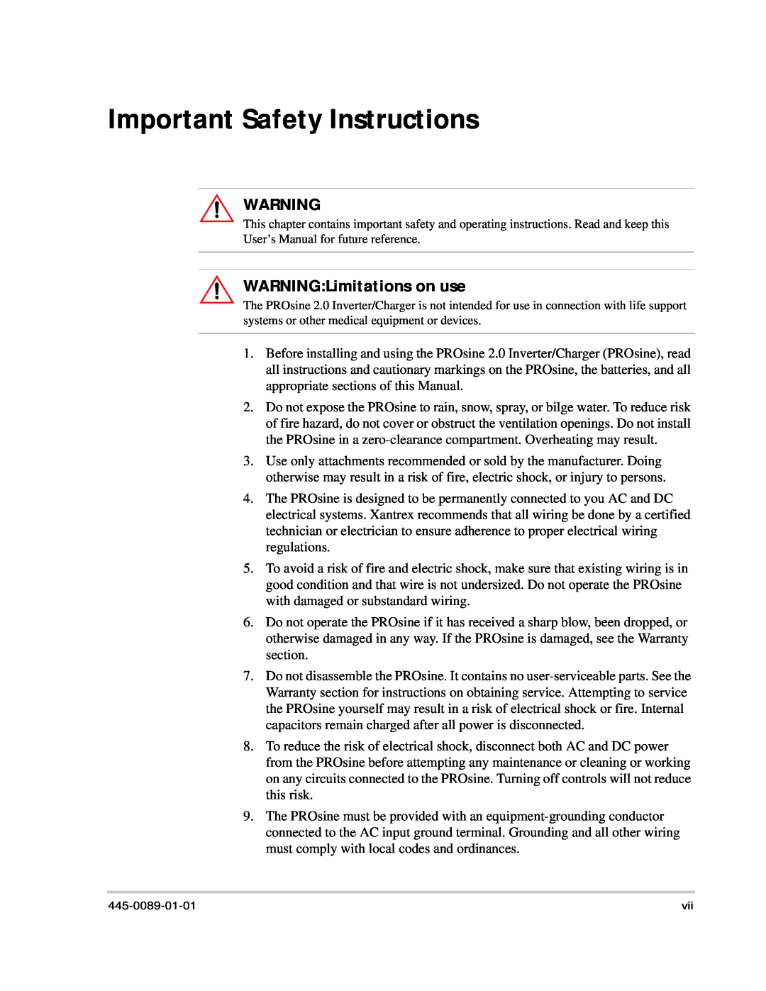 Xantrex Technology PROsine 2.0 user manual Important Safety Instructions, WARNINGLimitations on use 