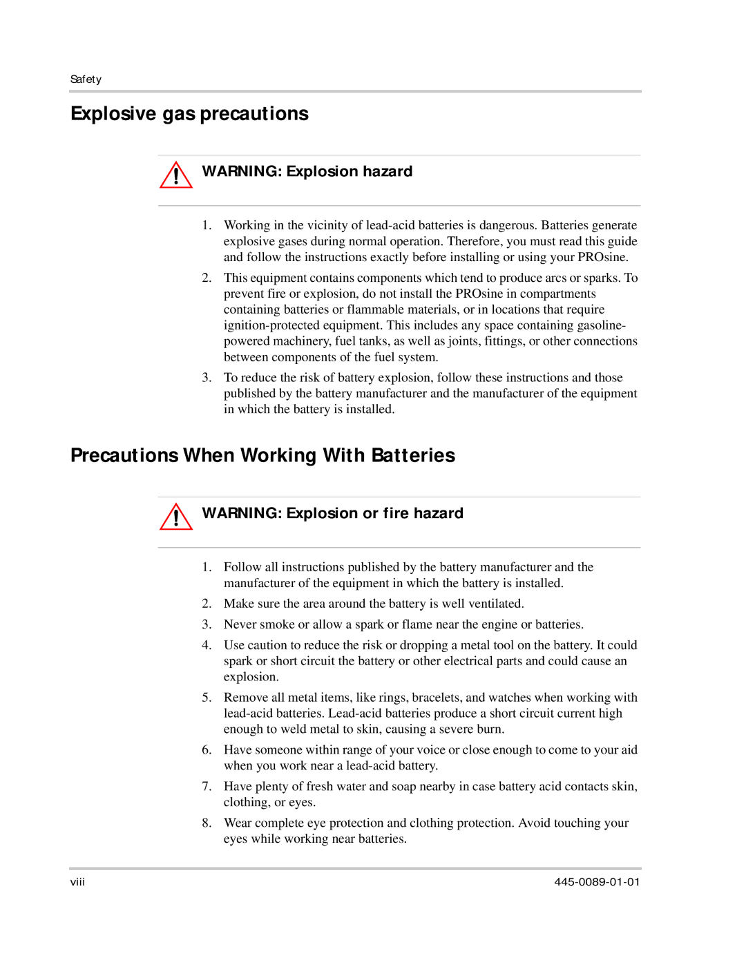 Xantrex Technology PROsine 2.0 user manual Explosive gas precautions, Precautions When Working With Batteries 