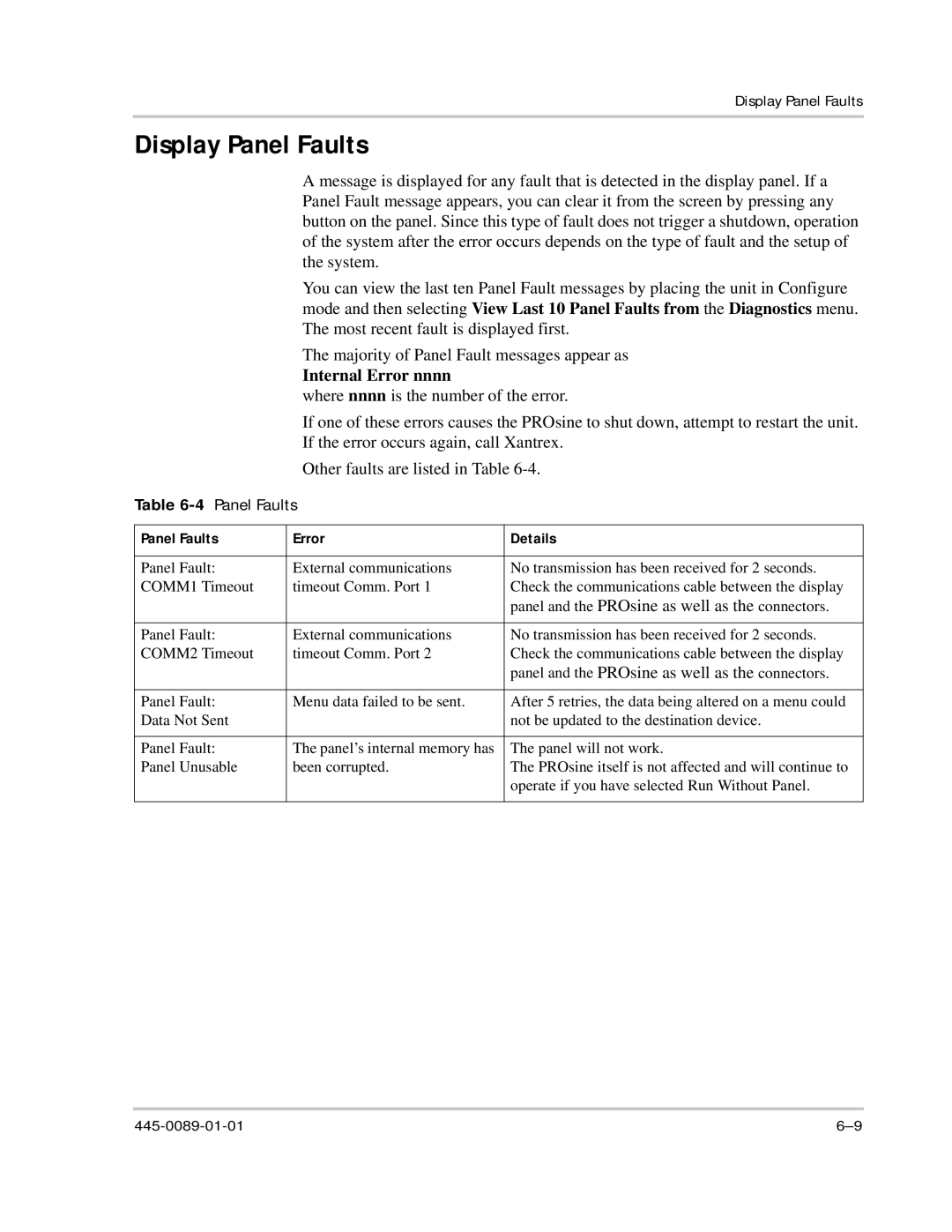 Xantrex Technology PROsine 2.0 Display Panel Faults, Internal Error nnnn, 4Panel Faults, Panel Faults Error Details 