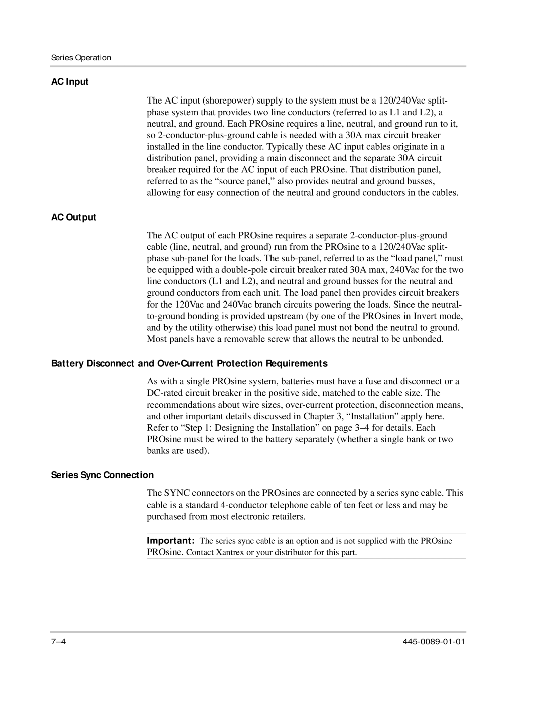 Xantrex Technology PROsine 2.0 user manual AC Input, AC Output, Battery Disconnect and Over-Current Protection Requirements 