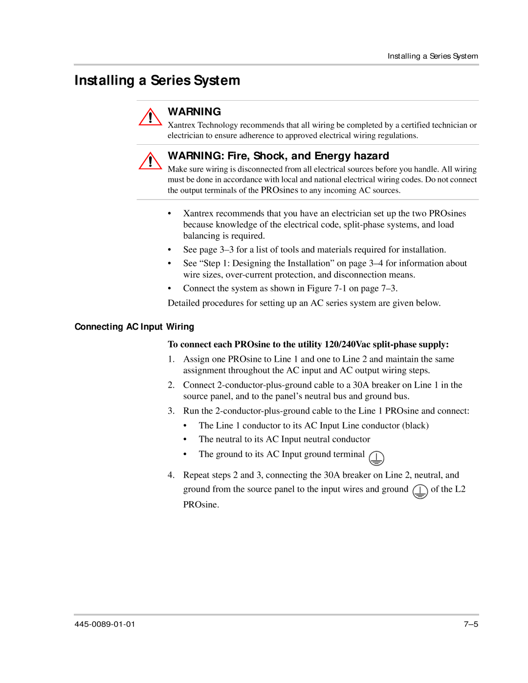 Xantrex Technology PROsine 2.0 user manual Installing a Series System, Connecting AC Input Wiring 