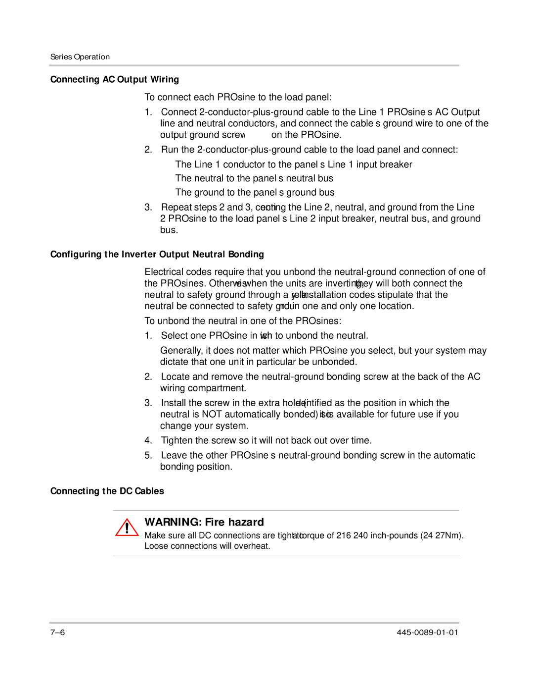 Xantrex Technology PROsine 2.0 user manual Connecting AC Output Wiring, Configuring the Inverter Output Neutral Bonding 