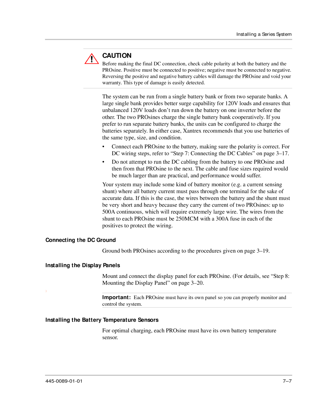 Xantrex Technology PROsine 2.0 user manual Connecting the DC Ground, Installing the Display Panels 