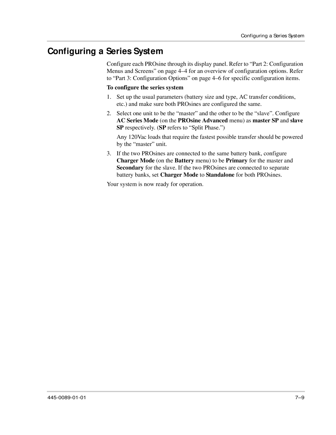 Xantrex Technology PROsine 2.0 user manual Configuring a Series System, To configure the series system 