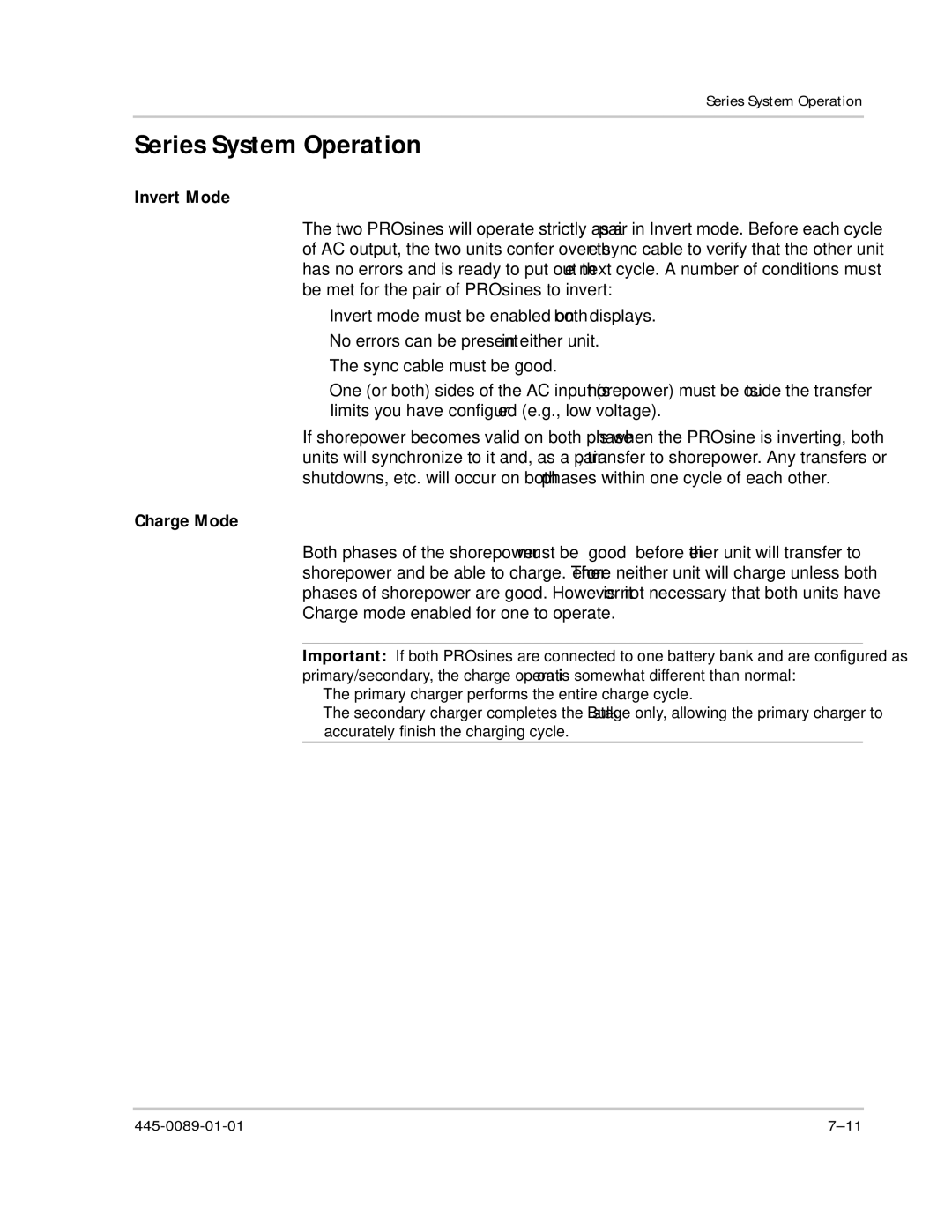 Xantrex Technology PROsine 2.0 user manual Series System Operation, Invert Mode, Charge Mode 