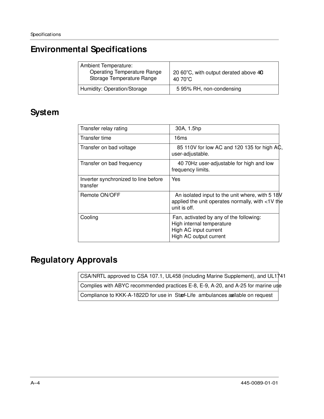 Xantrex Technology PROsine 2.0 user manual Environmental Specifications, System, Regulatory Approvals 