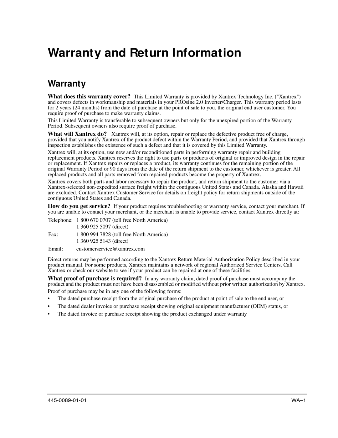 Xantrex Technology PROsine 2.0 user manual Warranty and Return Information 