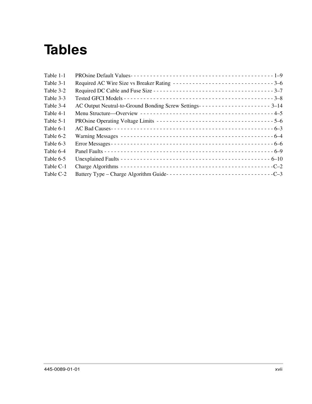 Xantrex Technology PROsine 2.0 user manual Tables 