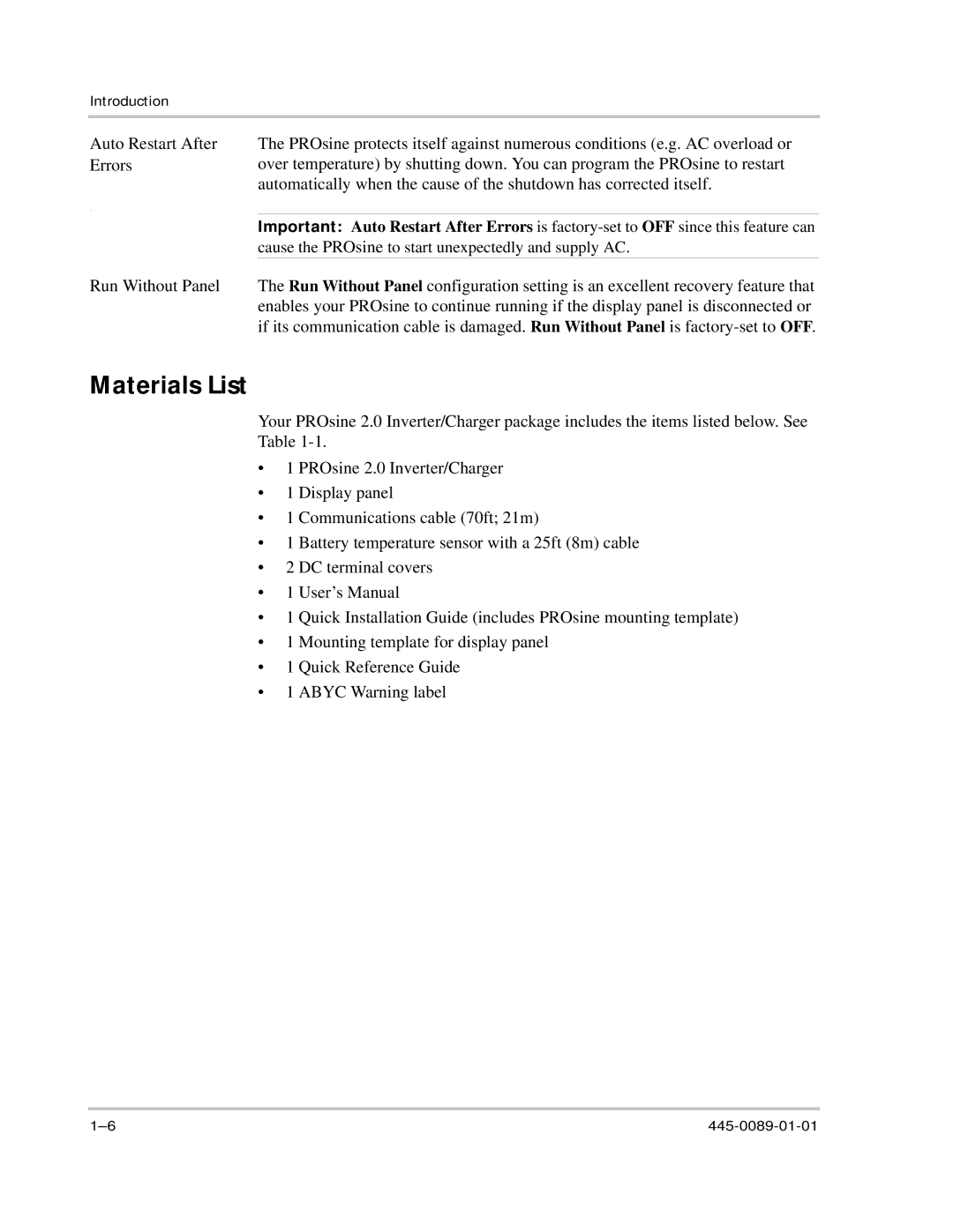 Xantrex Technology PROsine 2.0 user manual Materials List 