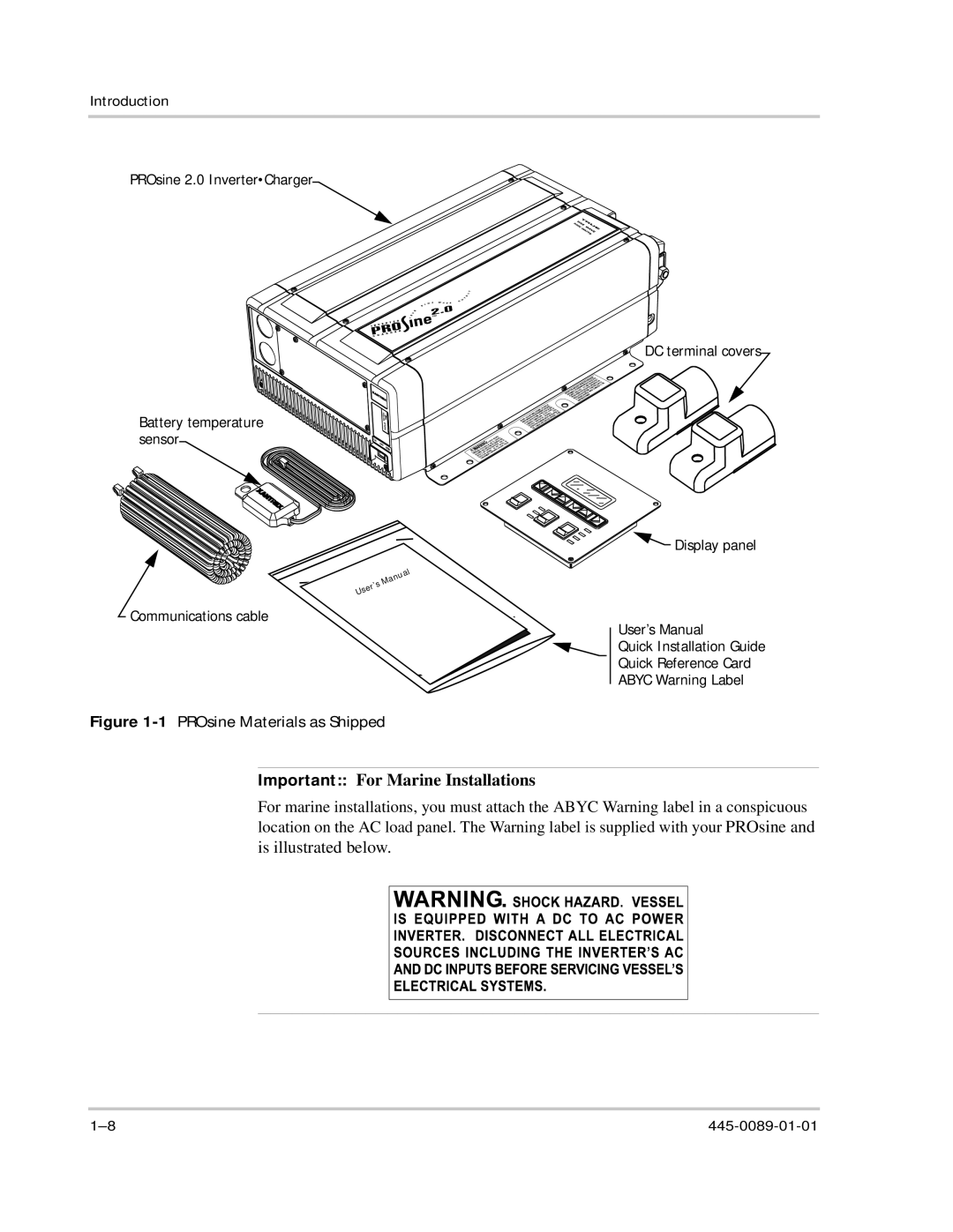 Xantrex Technology PROsine 2.0 user manual 1PROsine Materials as Shipped, Important For Marine Installations 