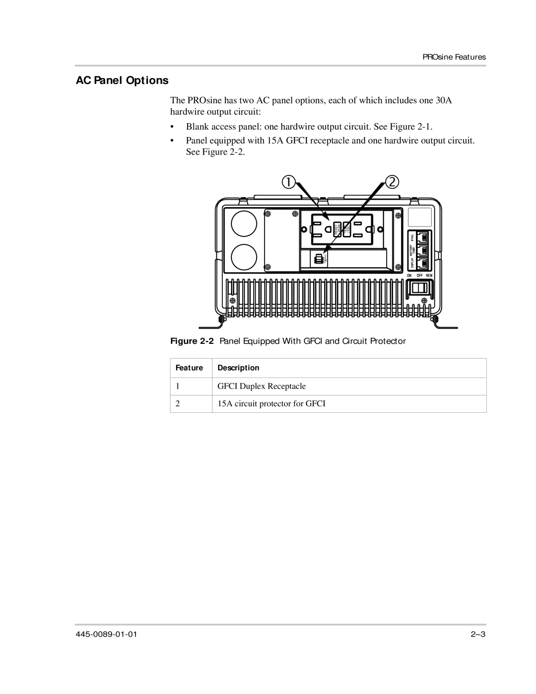 Xantrex Technology PROsine 2.0 user manual AC Panel Options, Feature 