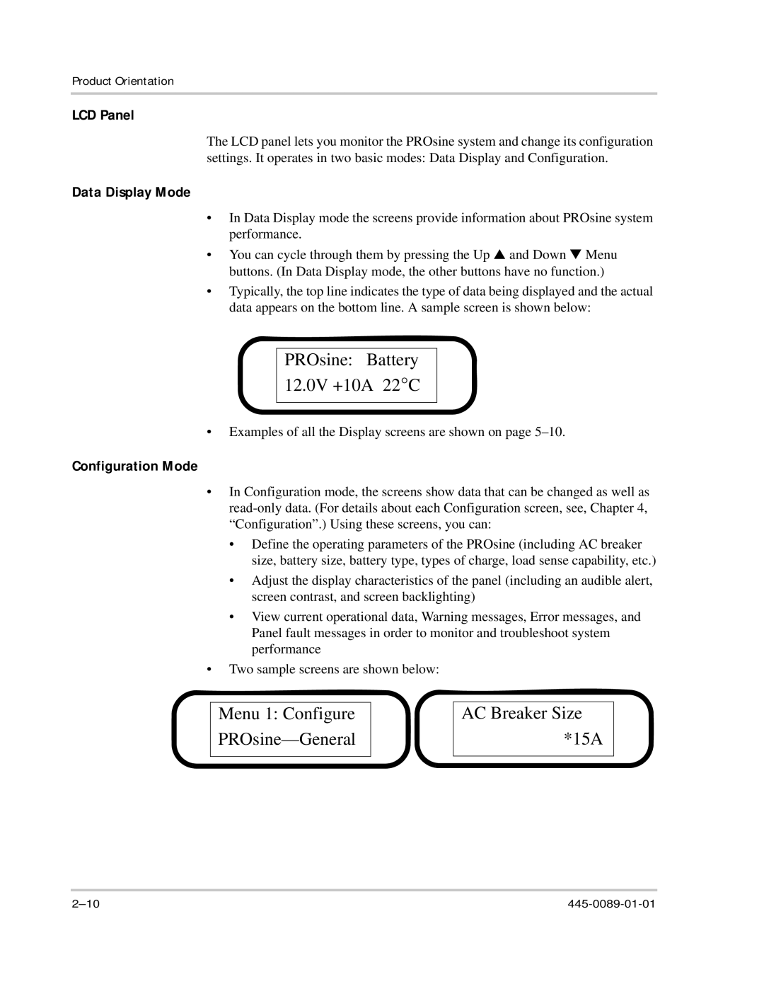 Xantrex Technology PROsine 2.0 user manual LCD Panel, Data Display Mode, Configuration Mode 