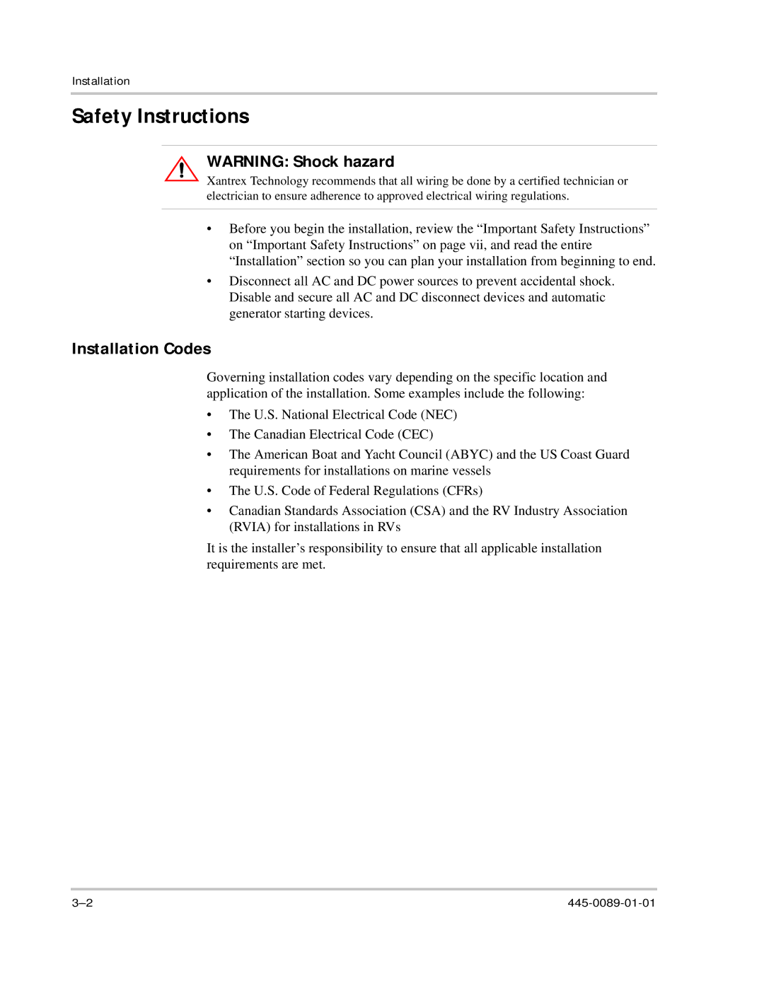 Xantrex Technology PROsine 2.0 user manual Safety Instructions, Installation Codes 