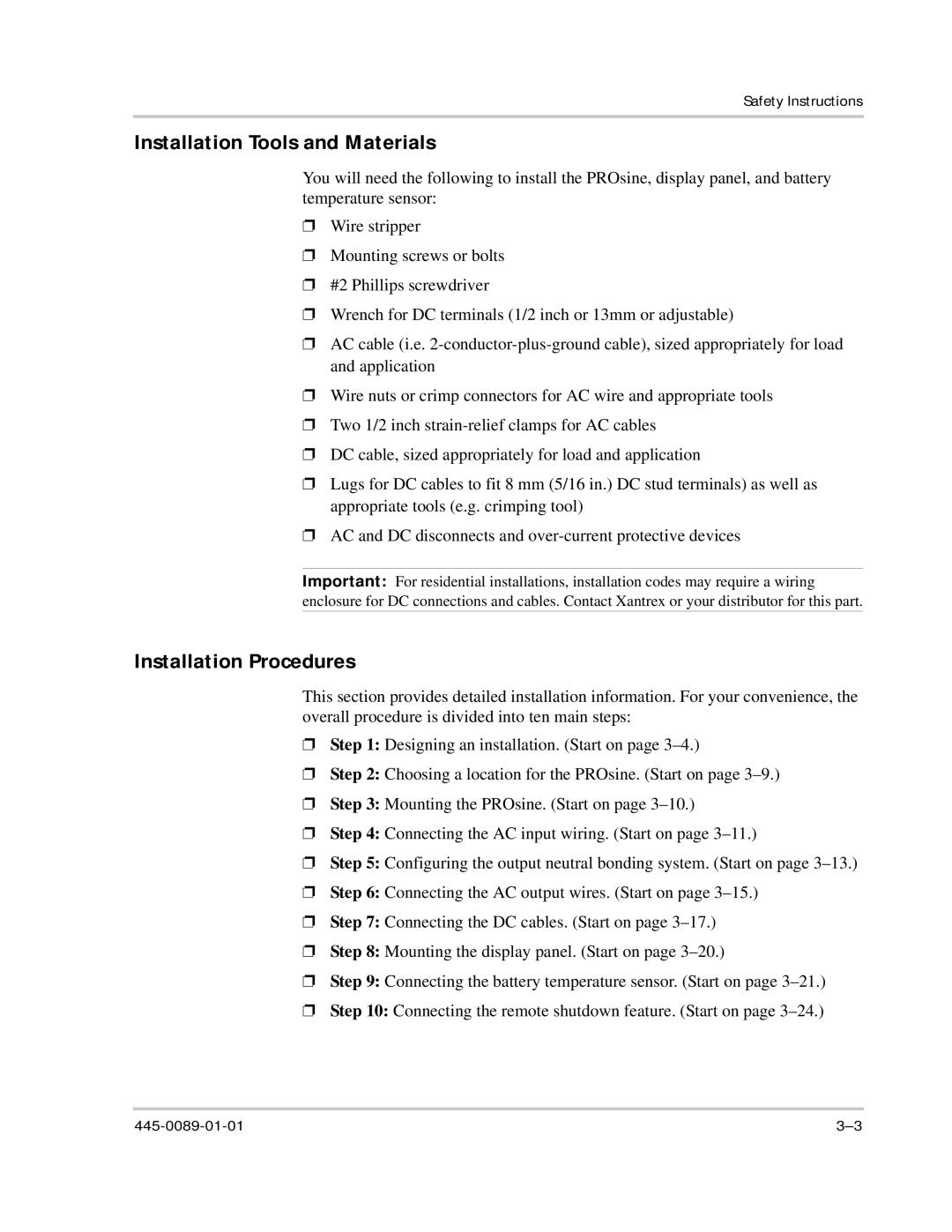 Xantrex Technology PROsine 2.0 user manual Installation Tools and Materials, Installation Procedures 