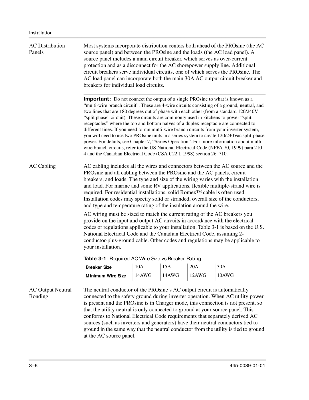 Xantrex Technology PROsine 2.0 user manual 1Required AC Wire Size vs Breaker Rating, Breaker Size, Minimum Wire Size 