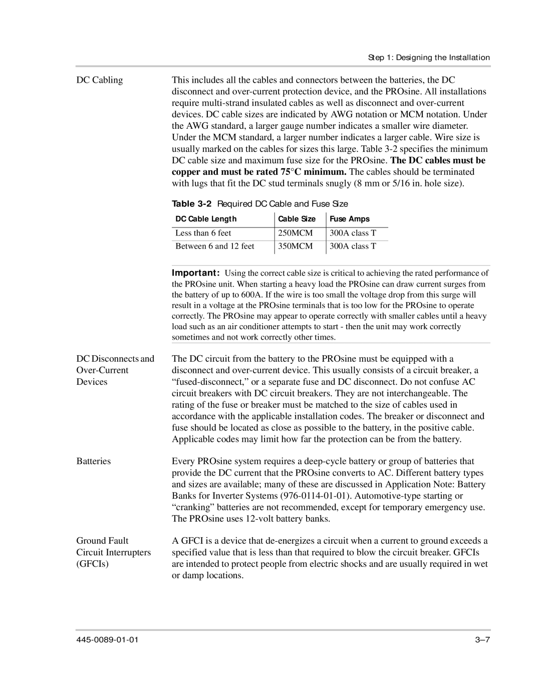 Xantrex Technology PROsine 2.0 user manual 2Required DC Cable and Fuse Size, DC Cable Length Cable Size Fuse Amps 