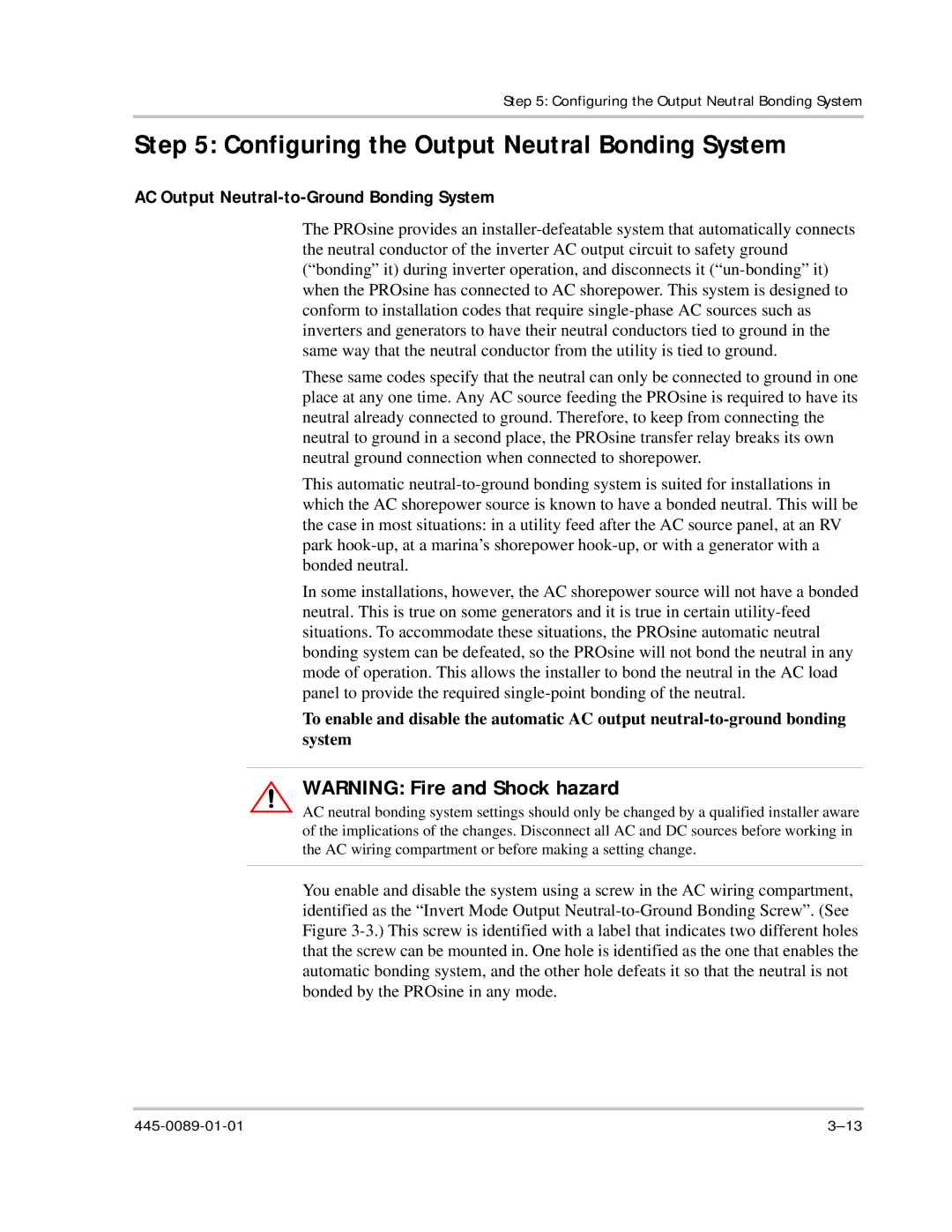 Xantrex Technology PROsine 2.0 Configuring the Output Neutral Bonding System, AC Output Neutral-to-Ground Bonding System 