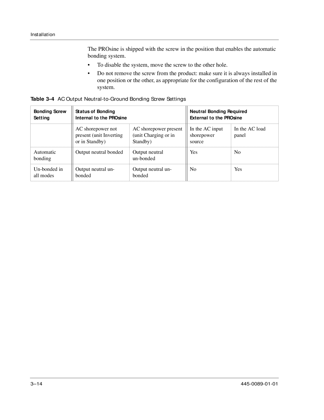 Xantrex Technology PROsine 2.0 user manual 4AC Output Neutral-to-Ground Bonding Screw Settings, External to the PROsine 