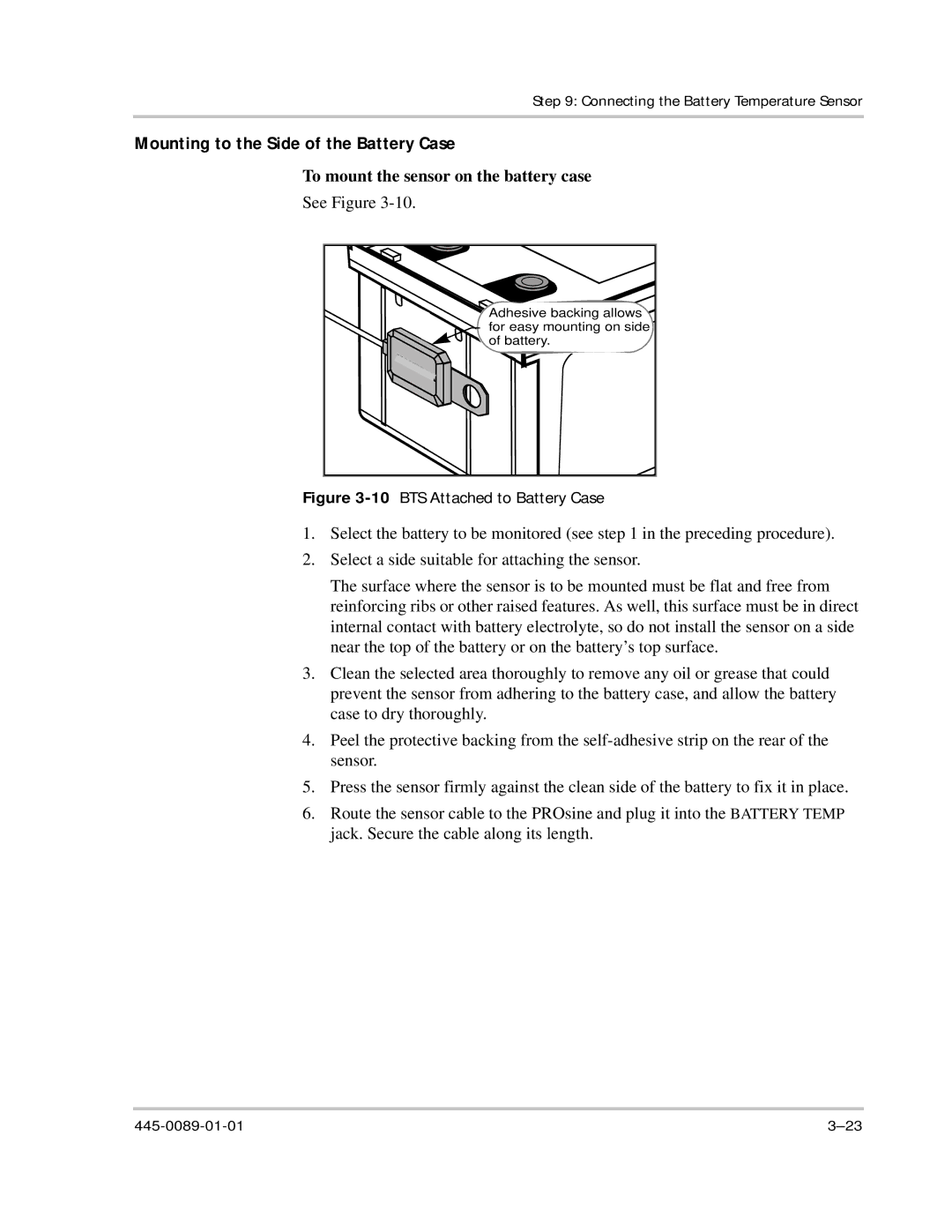 Xantrex Technology PROsine 2.0 Mounting to the Side of the Battery Case, To mount the sensor on the battery case 