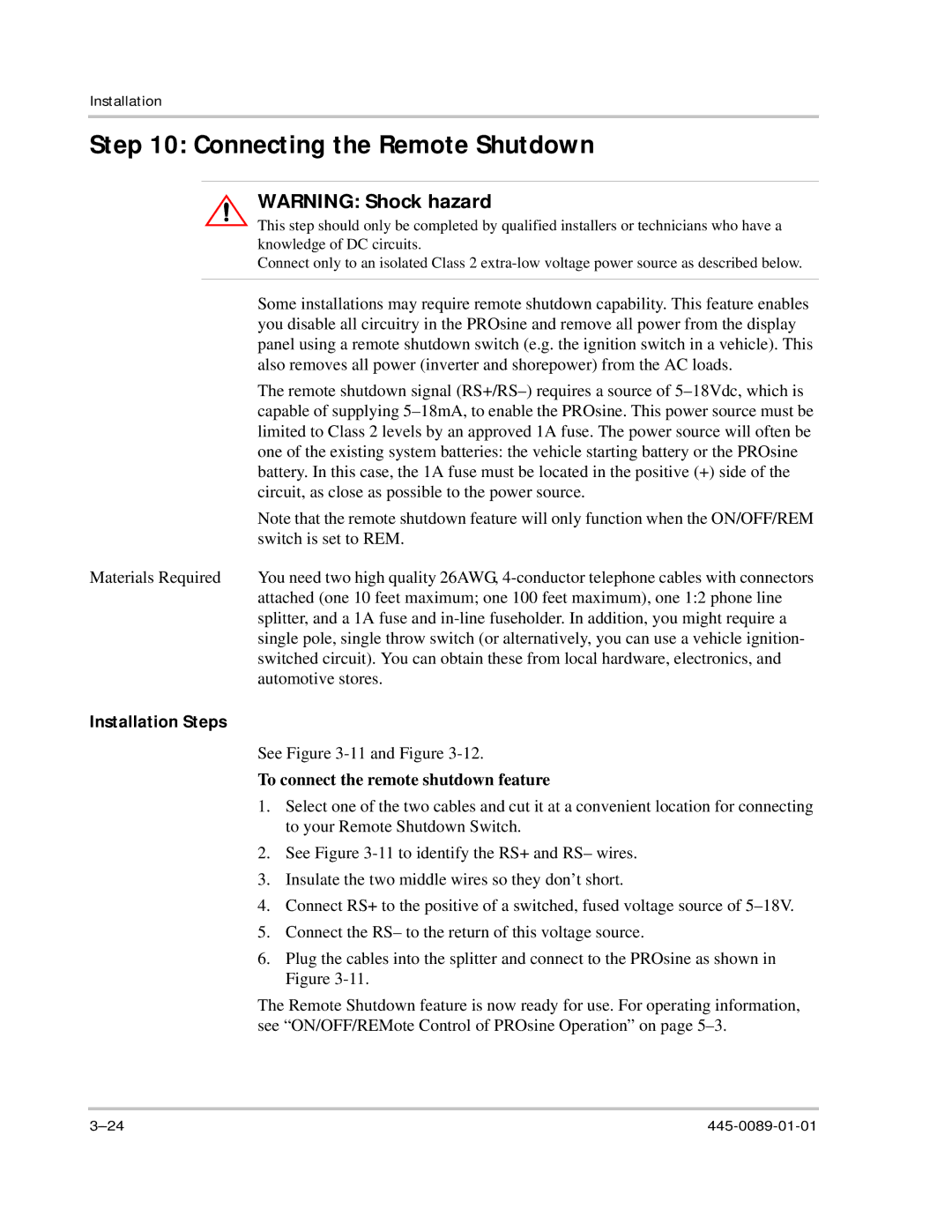 Xantrex Technology PROsine 2.0 Connecting the Remote Shutdown, Installation Steps, To connect the remote shutdown feature 