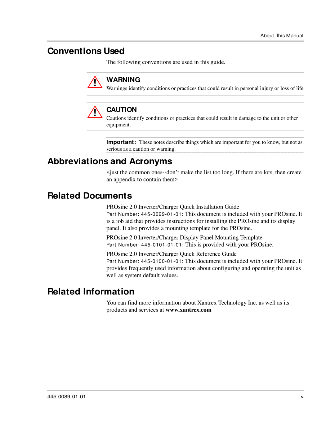 Xantrex Technology PROsine 2.0 Conventions Used, Abbreviations and Acronyms, Related Documents, Related Information 