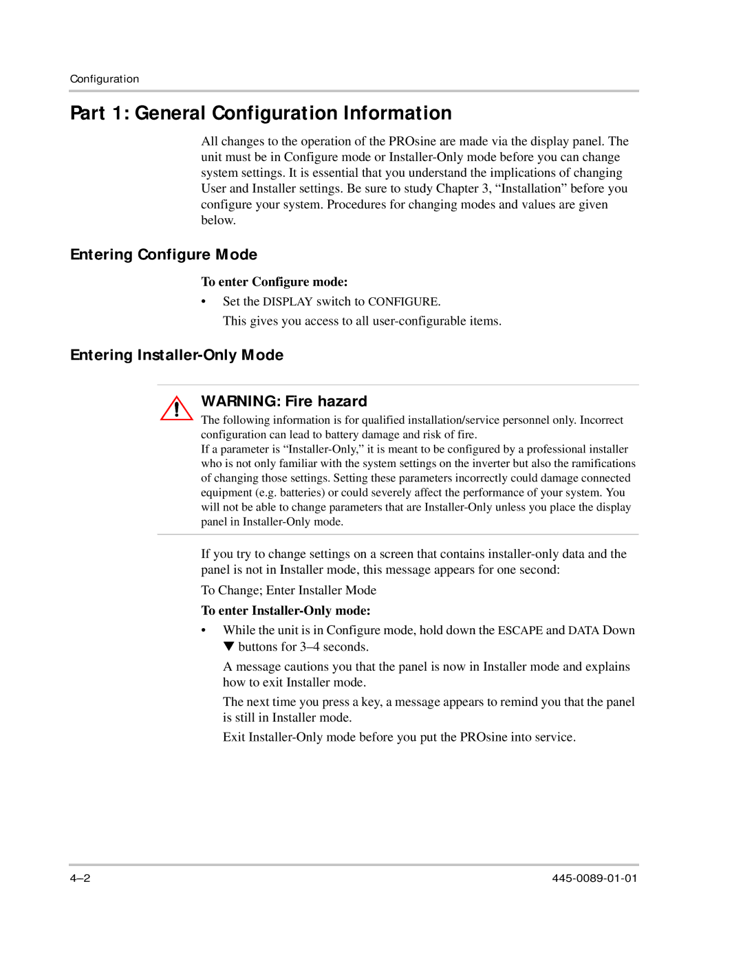 Xantrex Technology PROsine 2.0 Part 1 General Configuration Information, Entering Configure Mode, To enter Configure mode 