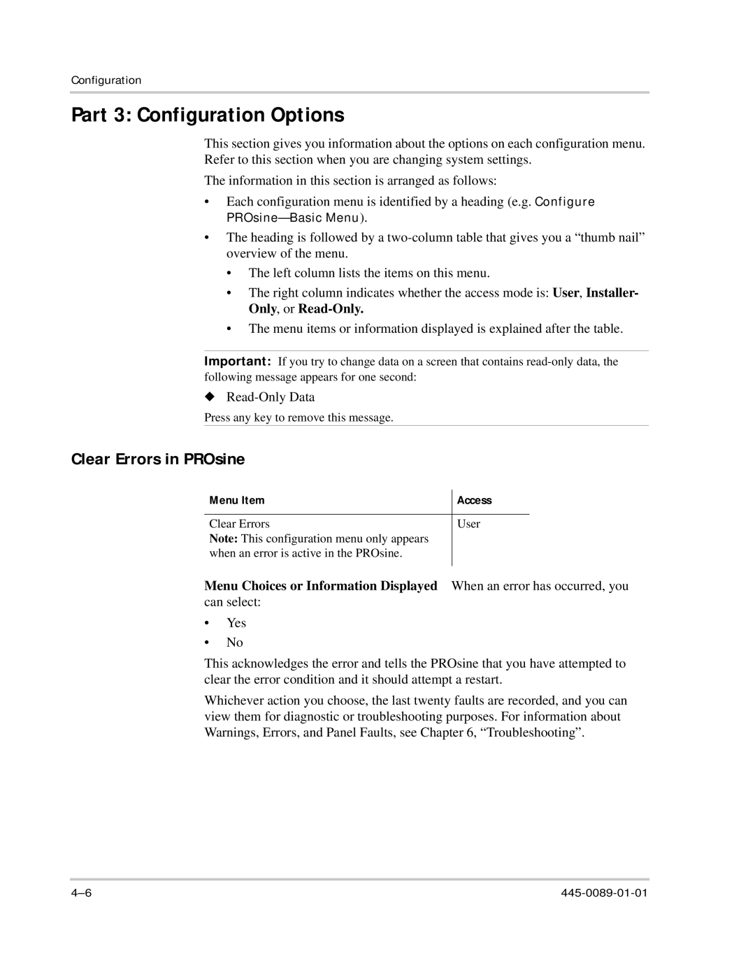 Xantrex Technology PROsine 2.0 user manual Part 3 Configuration Options, Clear Errors in PROsine, Menu Item Access 