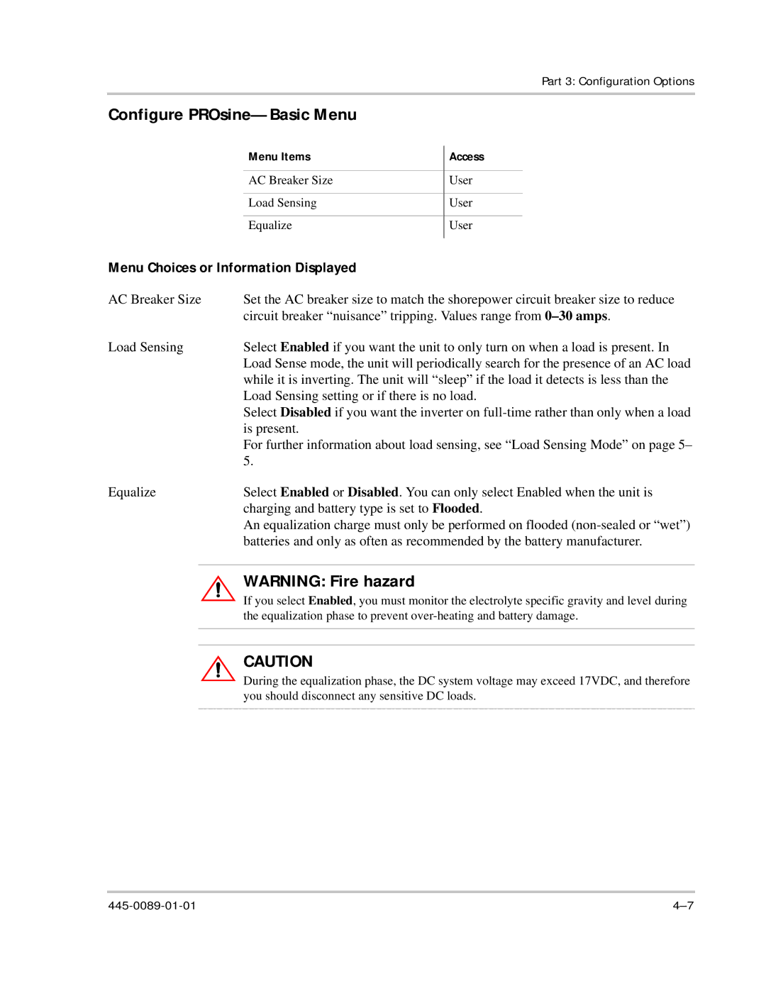 Xantrex Technology PROsine 2.0 Configure PROsine-Basic Menu, Menu Choices or Information Displayed, Menu Items Access 