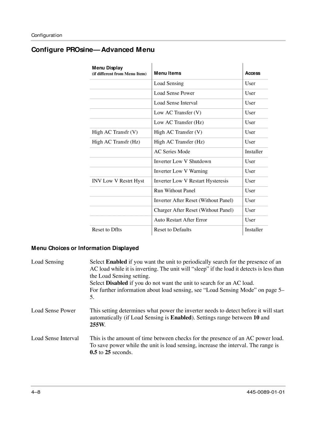 Xantrex Technology PROsine 2.0 user manual Configure PROsine-Advanced Menu, 255W, Menu Display Menu Items Access 