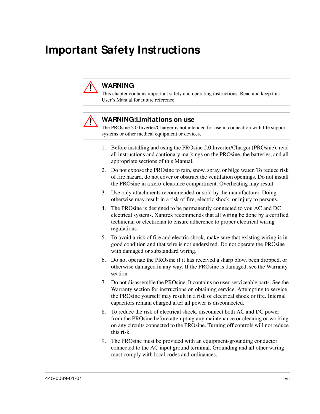 Xantrex Technology PROsine 2.0 user manual Important Safety Instructions 