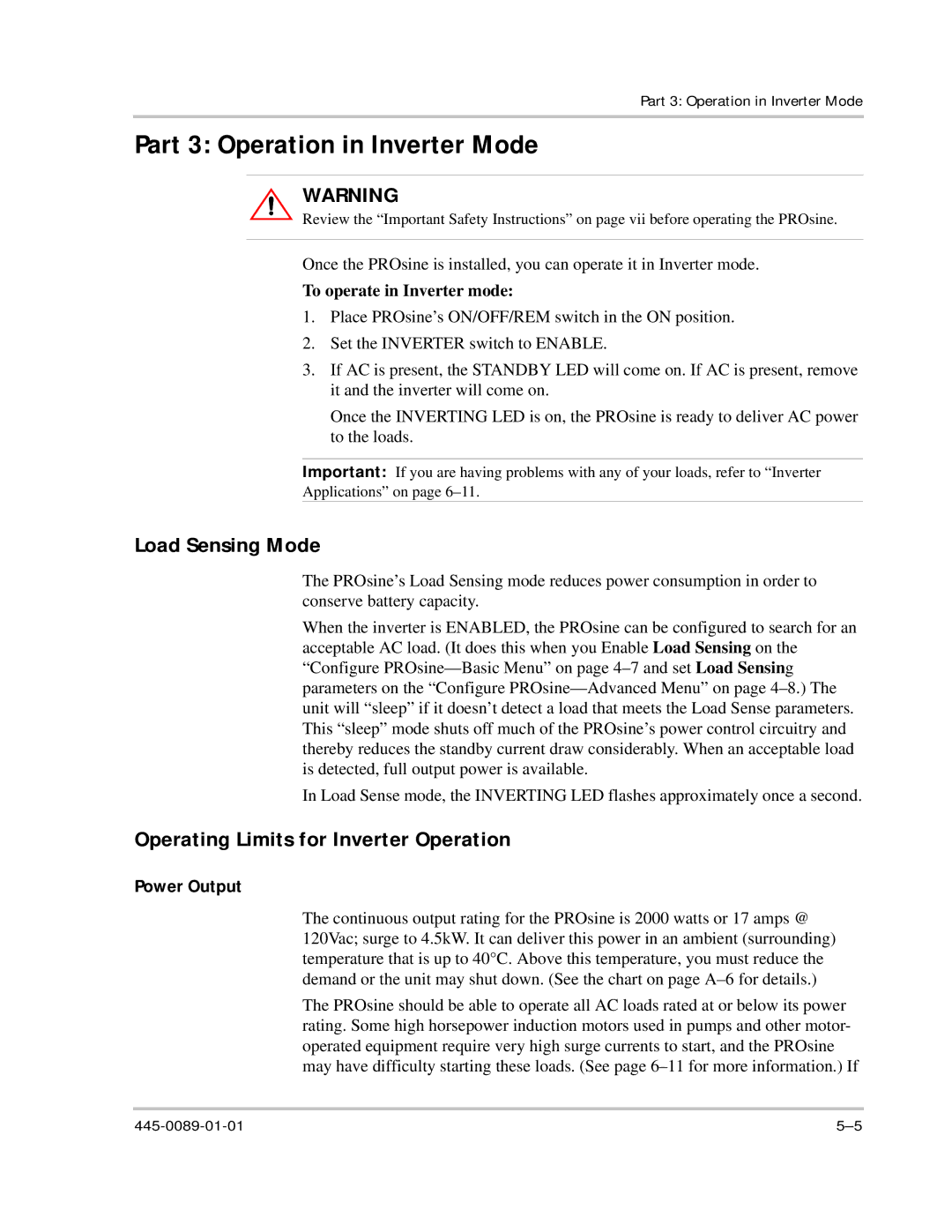 Xantrex Technology PROsine 2.0 user manual Part 3 Operation in Inverter Mode, Load Sensing Mode, Power Output 