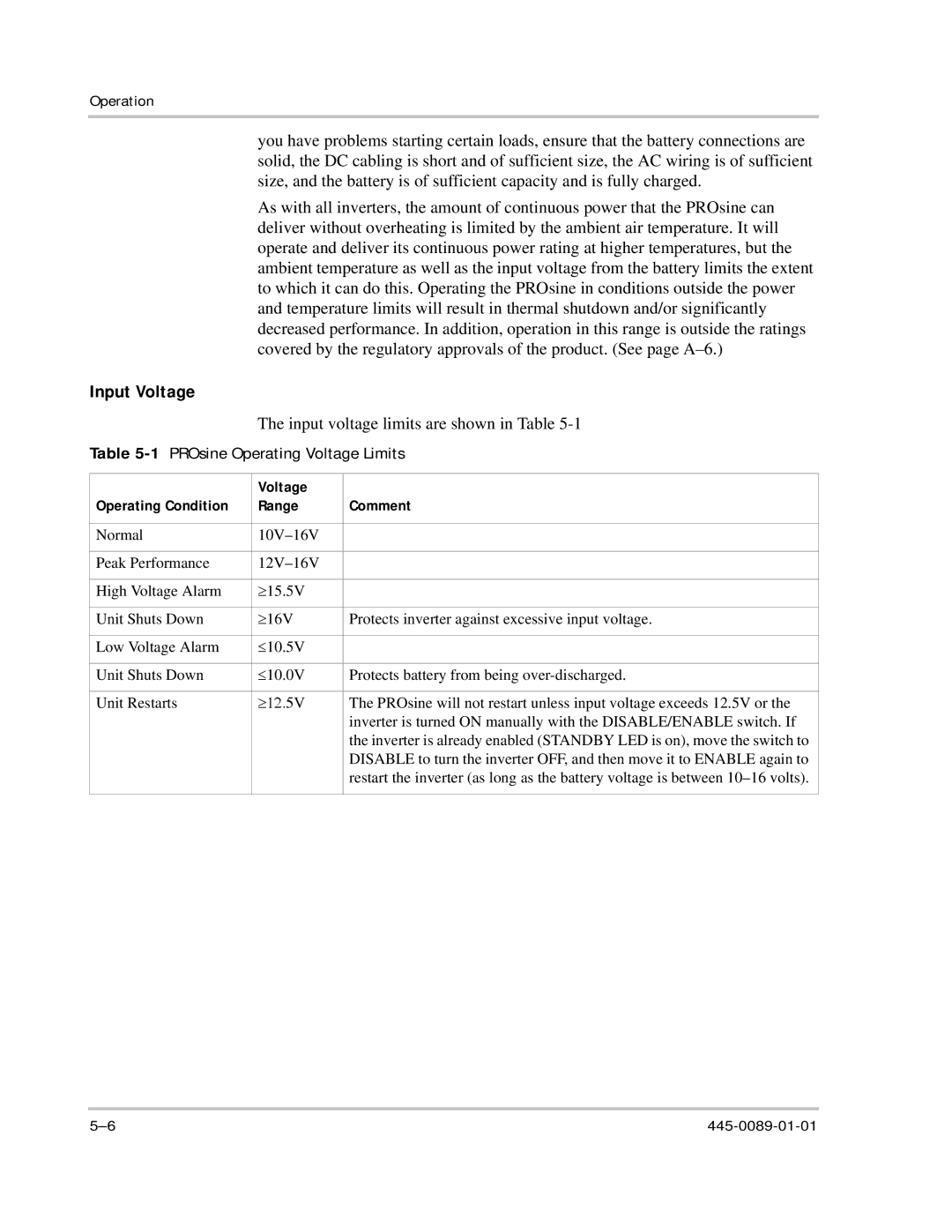 Xantrex Technology PROsine 2.0 Input Voltage, 1PROsine Operating Voltage Limits, Voltage Operating Condition Range Comment 