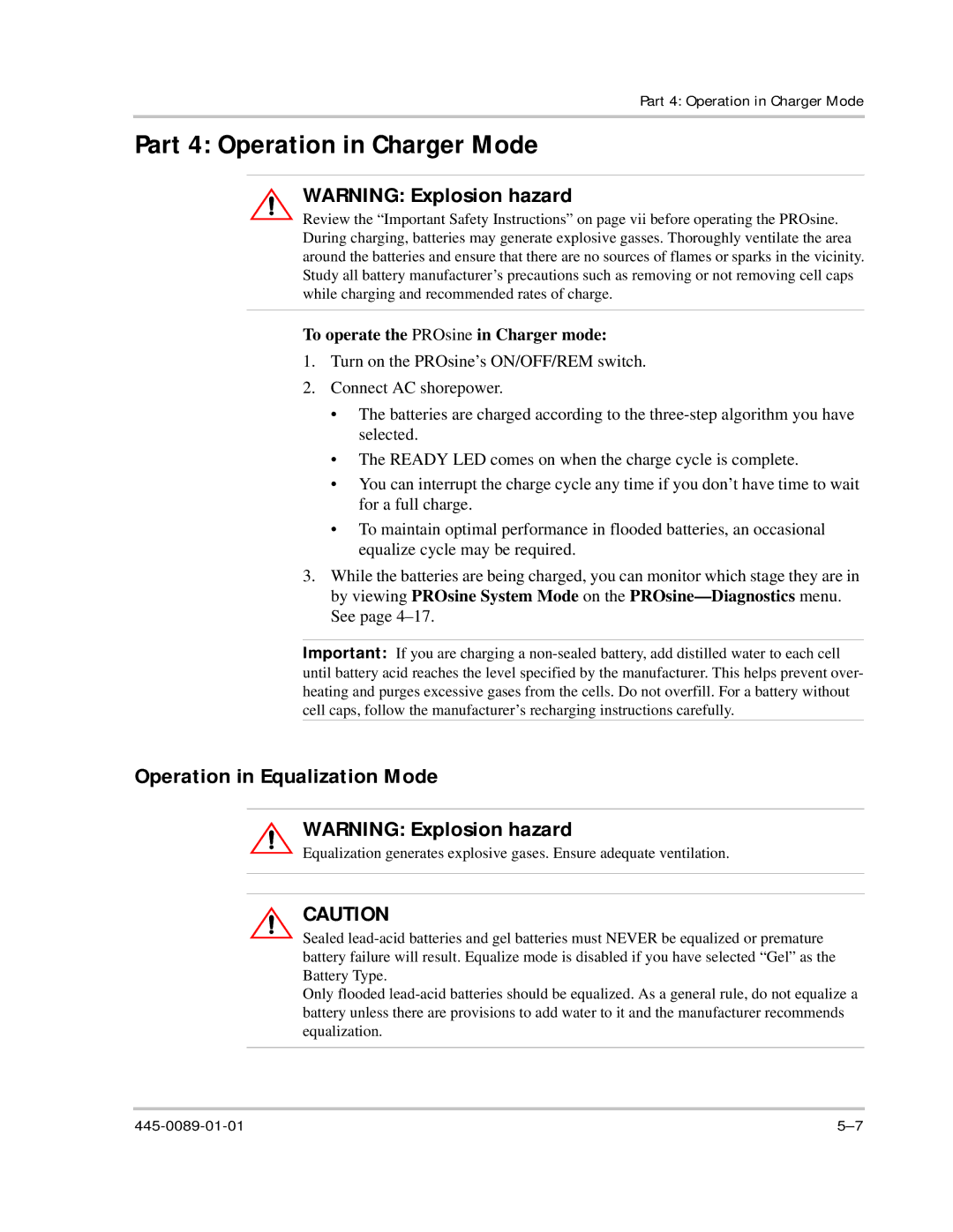 Xantrex Technology PROsine 2.0 user manual Part 4 Operation in Charger Mode, Operation in Equalization Mode 