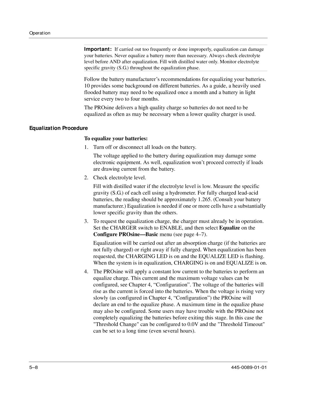 Xantrex Technology PROsine 2.0 user manual Equalization Procedure, To equalize your batteries 