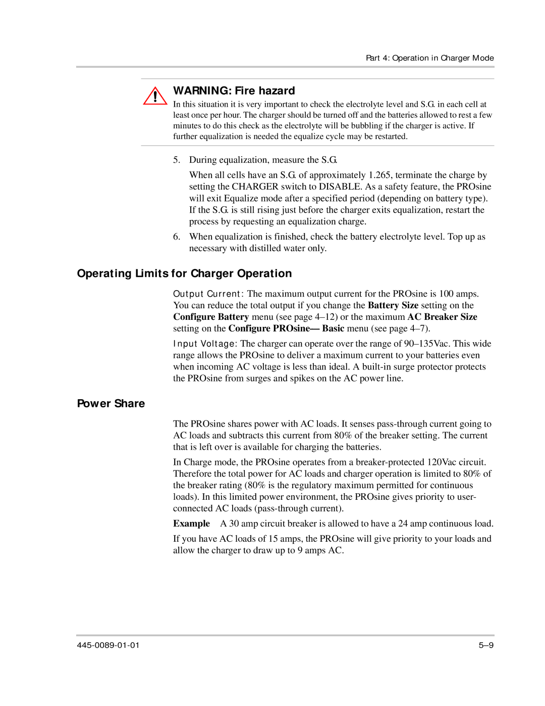 Xantrex Technology PROsine 2.0 user manual Operating Limits for Charger Operation, Power Share 