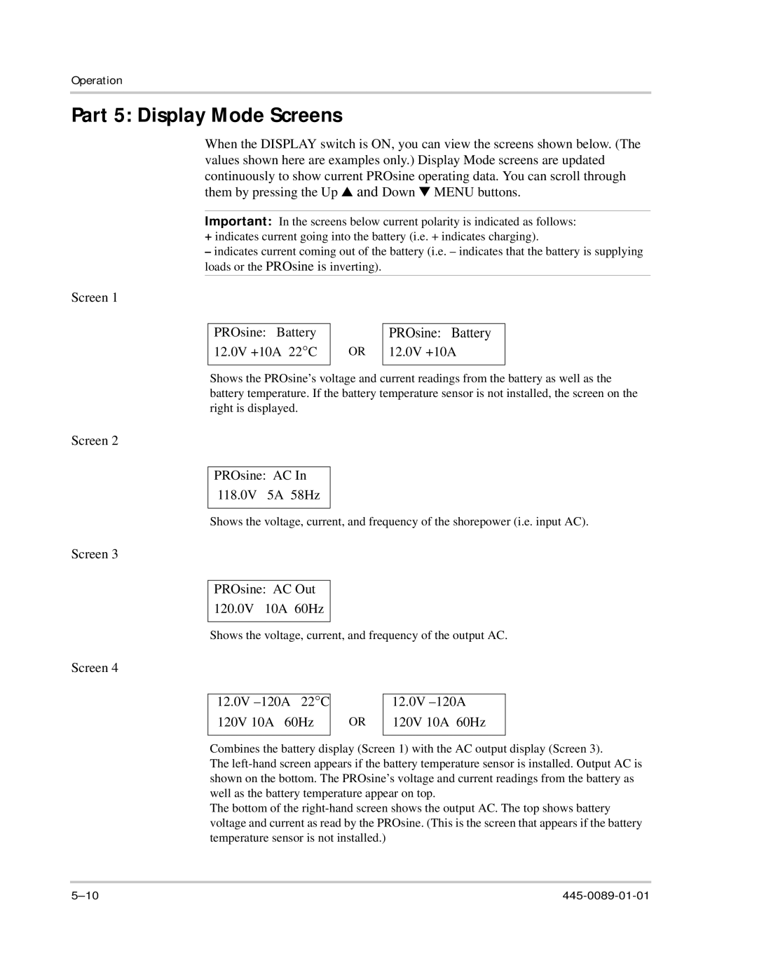 Xantrex Technology PROsine 2.0 user manual Part 5 Display Mode Screens, PROsine Battery 