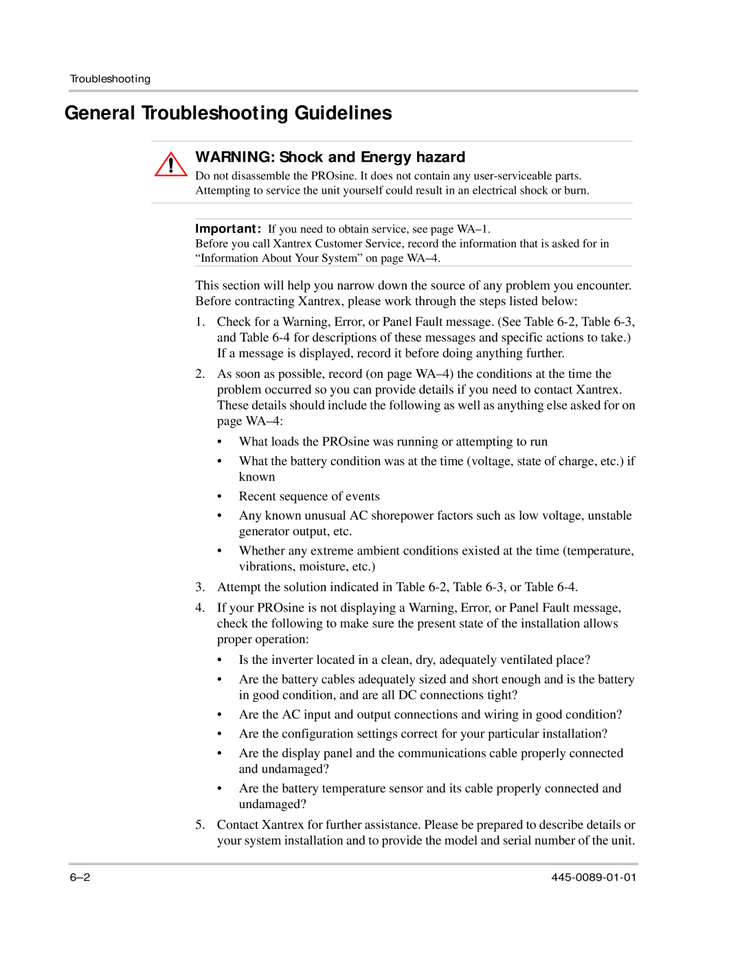 Xantrex Technology PROsine 2.0 user manual General Troubleshooting Guidelines 