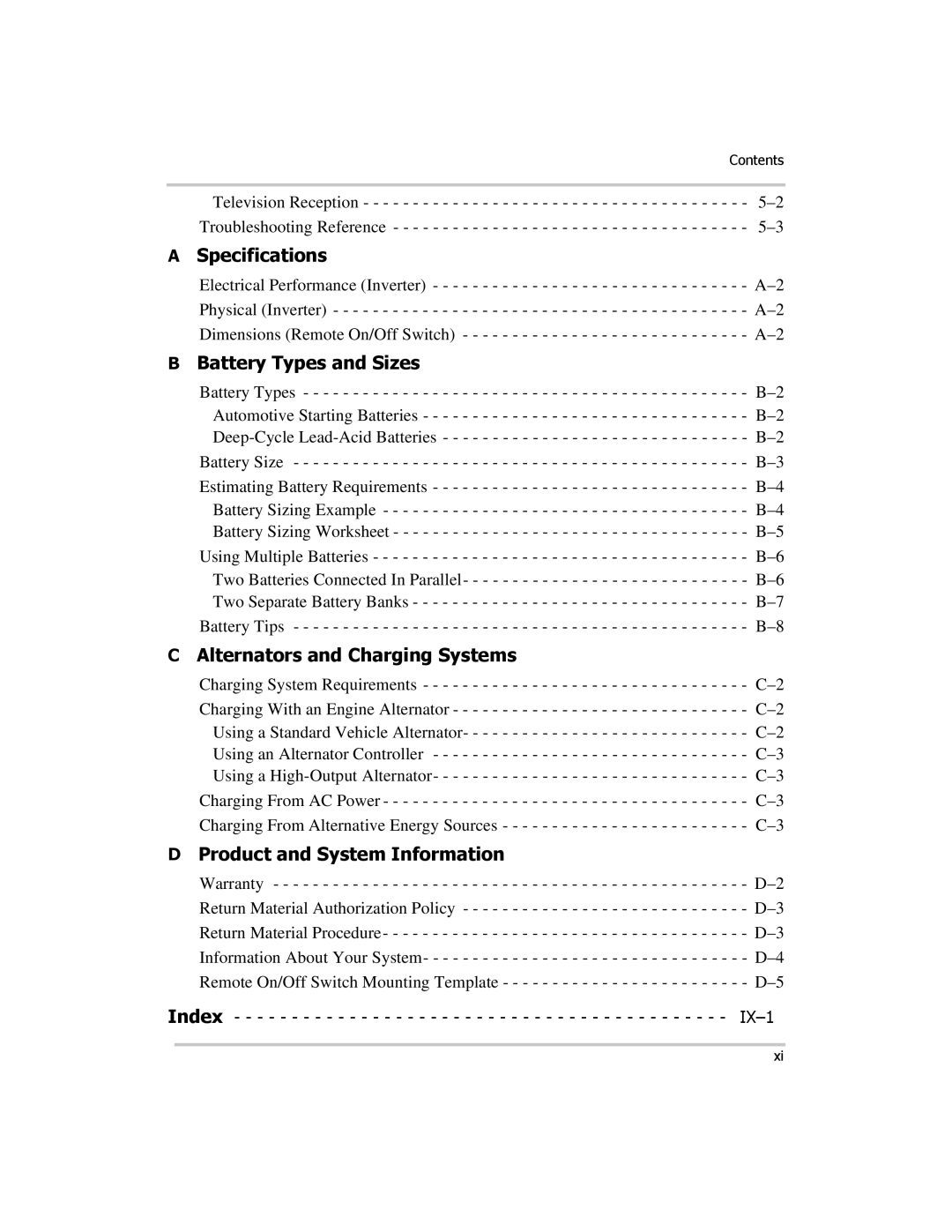 Xantrex Technology PROwatt 1000 manual Specifications, Battery Types and Sizes, Alternators and Charging Systems 