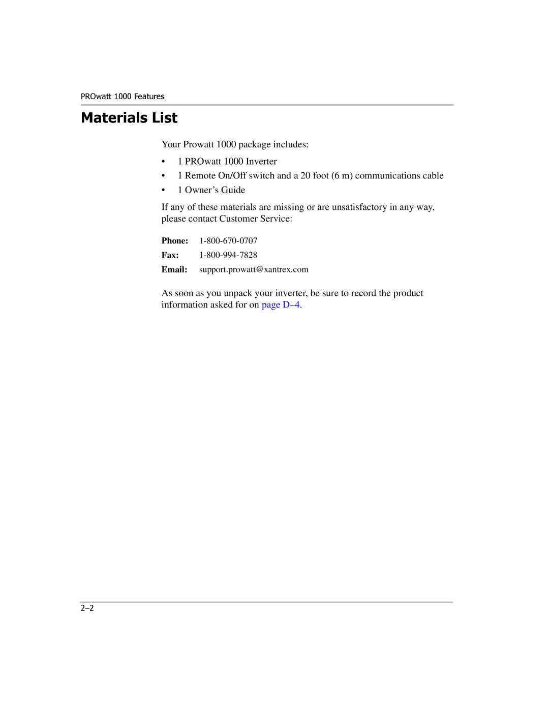 Xantrex Technology PROwatt 1000 manual Materials List 