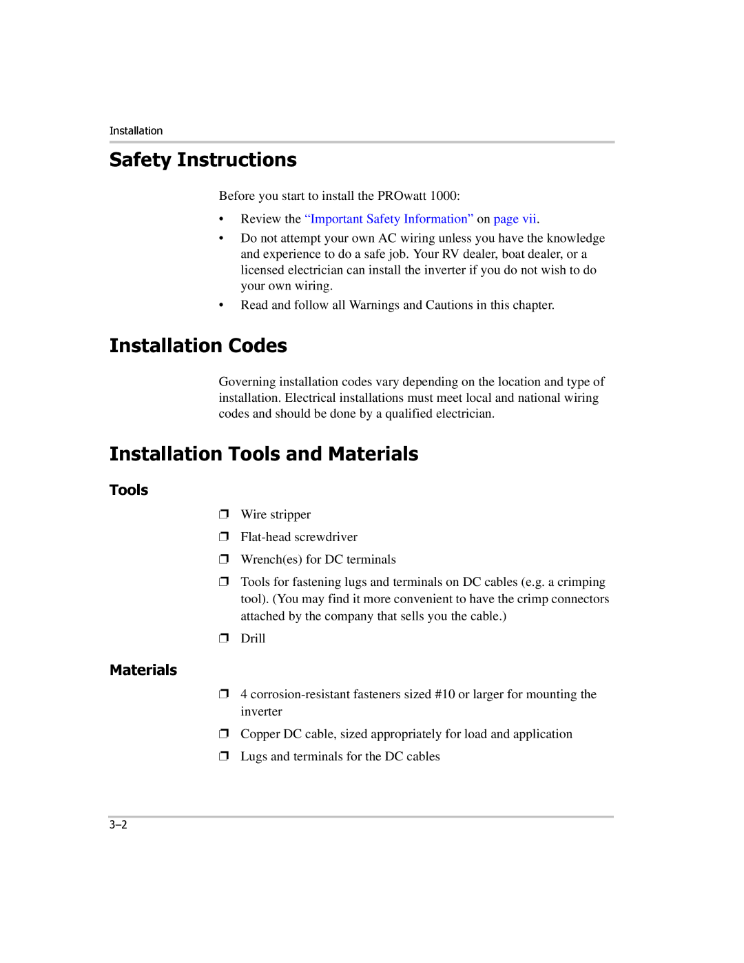 Xantrex Technology PROwatt 1000 manual Safety Instructions, Installation Codes, Installation Tools and Materials 