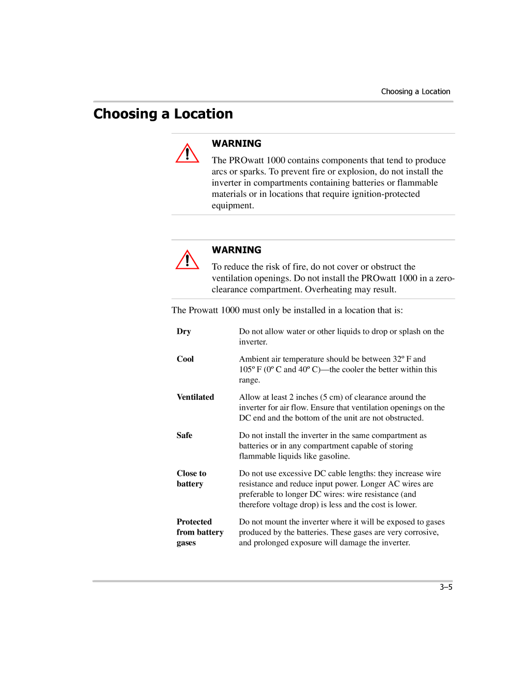 Xantrex Technology PROwatt 1000 manual Choosing a Location, Cool 