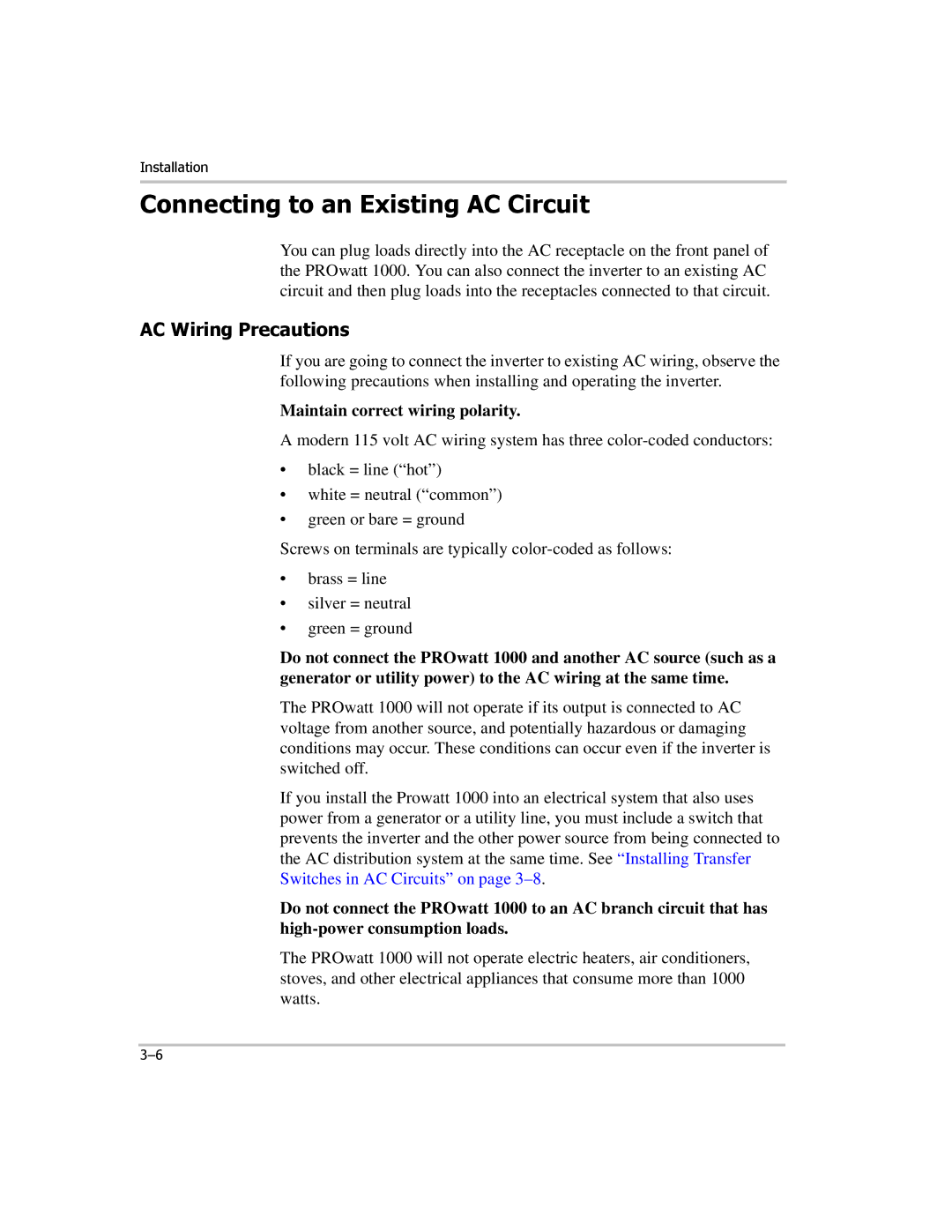 Xantrex Technology PROwatt 1000 manual Connecting to an Existing AC Circuit, AC Wiring Precautions 