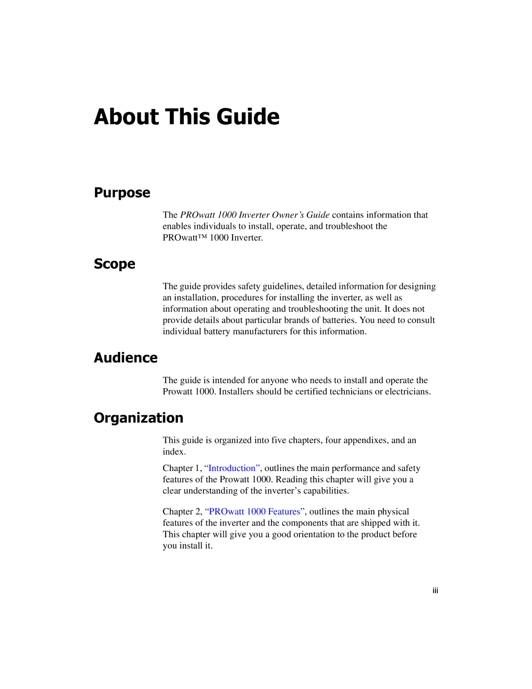 Xantrex Technology PROwatt 1000 manual About This Guide, Purpose, Scope, Audience, Organization 