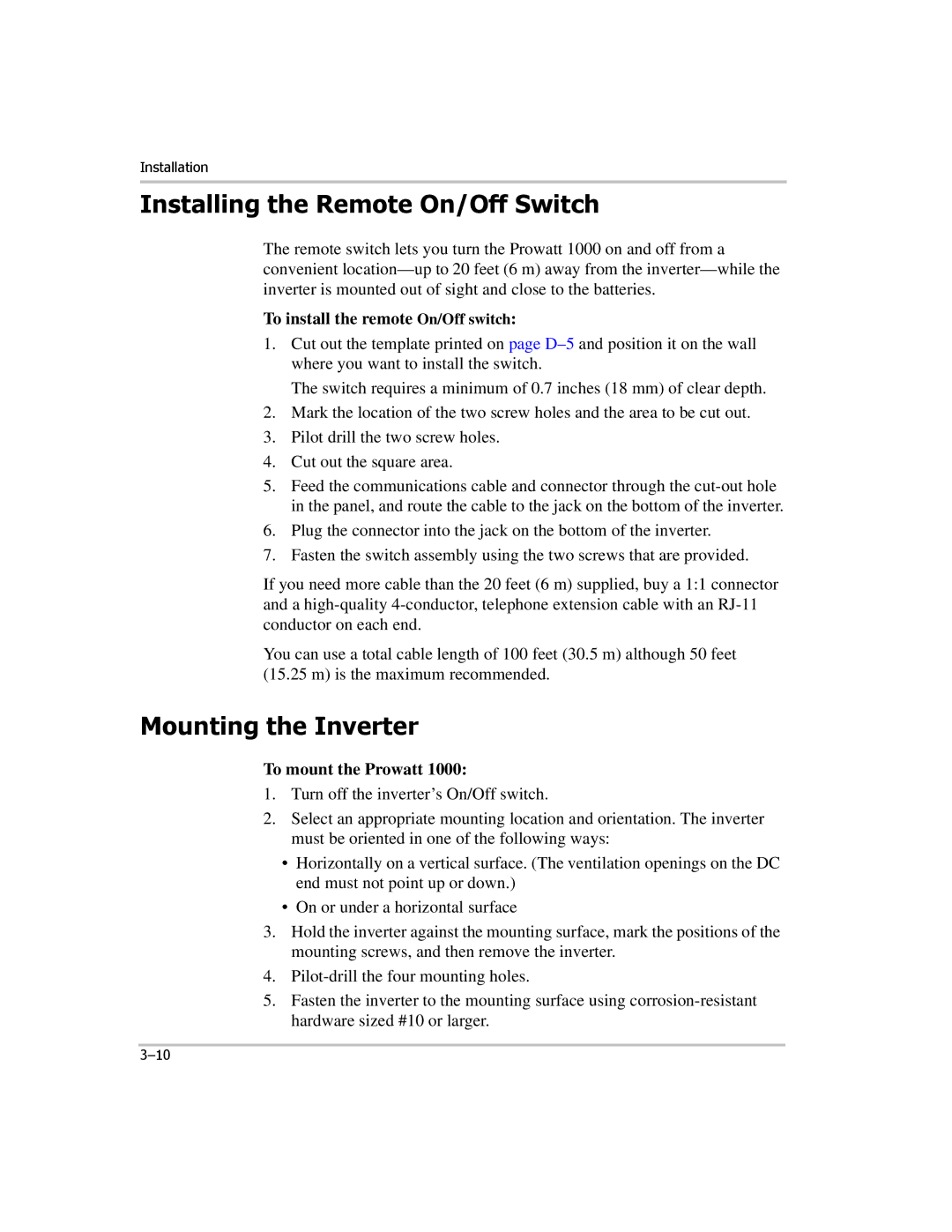 Xantrex Technology PROwatt 1000 manual Installing the Remote On/Off Switch, Mounting the Inverter, To mount the Prowatt 