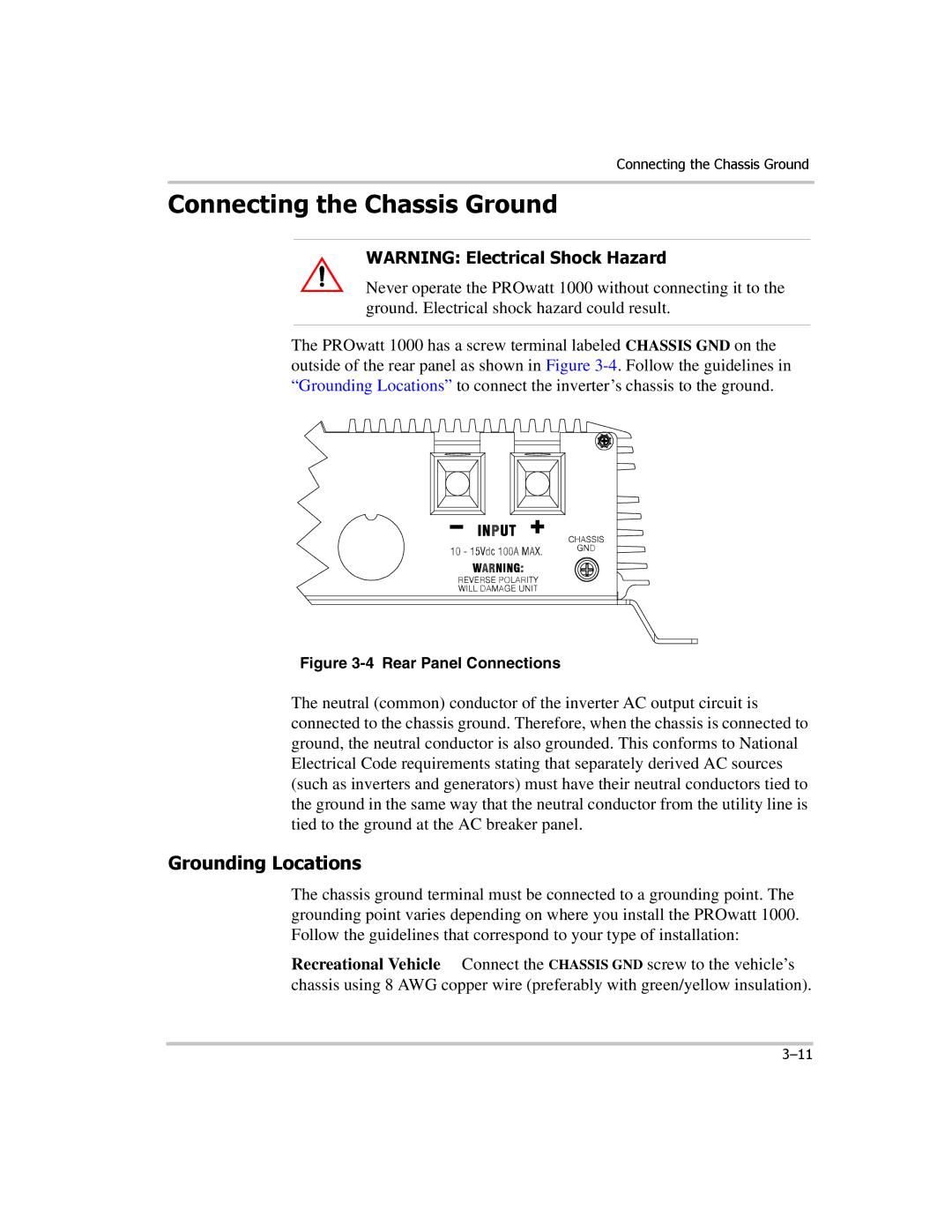 Xantrex Technology PROwatt 1000 manual Connecting the Chassis Ground, Grounding Locations 