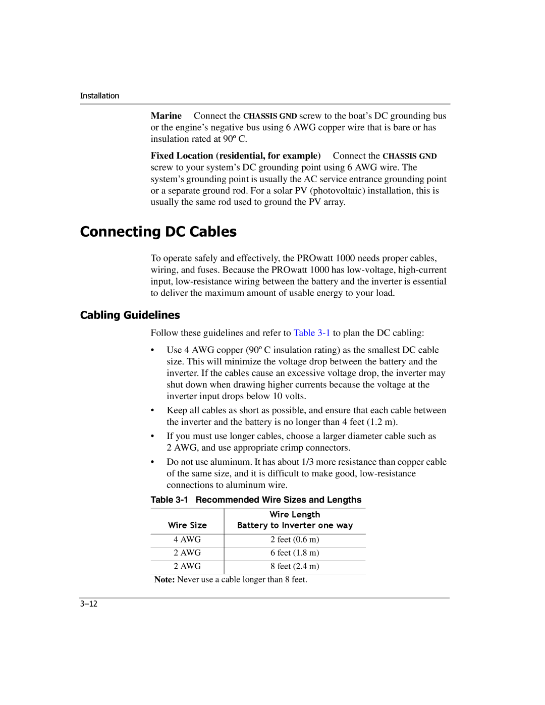 Xantrex Technology PROwatt 1000 Connecting DC Cables, Cabling Guidelines, Fixed Location residential, for example Connect 