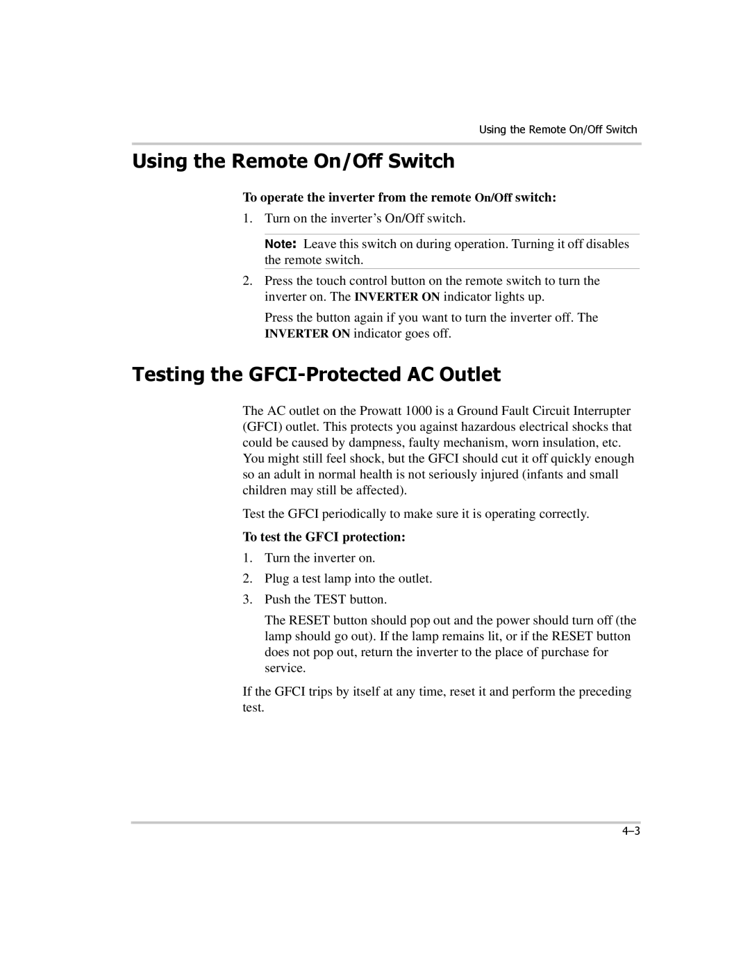 Xantrex Technology PROwatt 1000 manual Using the Remote On/Off Switch, Testing the GFCI-Protected AC Outlet 