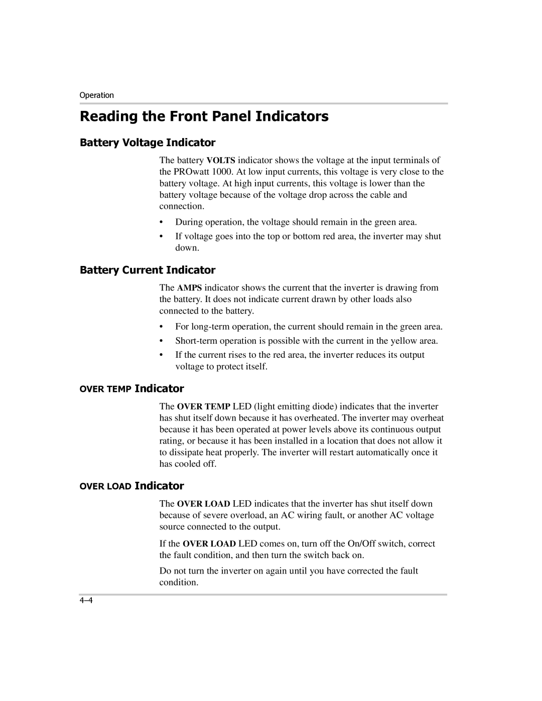 Xantrex Technology PROwatt 1000 Reading the Front Panel Indicators, Battery Voltage Indicator, Battery Current Indicator 